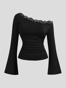 Sweetra Kaos Lengan Panjang Ukuran Besar Musim Gugur/Dingin Terbaru dengan Bahu Asimetris, Patchwork Renda, dan Pinggang Berkerut - Hitam - View 7