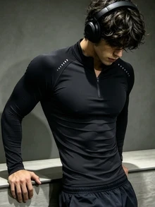 RISE LYT 男士立領半拉鍊落肩袖修身運動T恤，健身房穿搭 - 黑色 - 查看 3