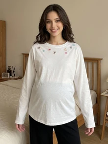 DAZY Embroidered Pattern Loose Long Sleeve Round Neck Casual Everyday Versatile Spring Autumn Maternity T-Shirt - White - View 2