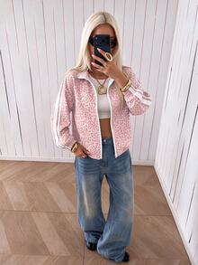 SHEIN EZwear 女款豹紋拼色休閒日常長袖夾克 - 淺粉色 - 查看 6
