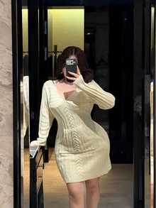Vibekara Plus Size Solid V-Neck Cable Ribbed Knit Slim Fit Sweater Dress - Apricot - View 6