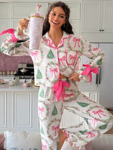 SweetSlumber Christmas Print Contrast Piping PJ Set - Multicolor - View 6