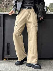 DAZY Celana Jeans Kargo Pria Model Lurus Warna Khaki Washed Distressed untuk Musim Semi/Gugur - Khaki - View 1