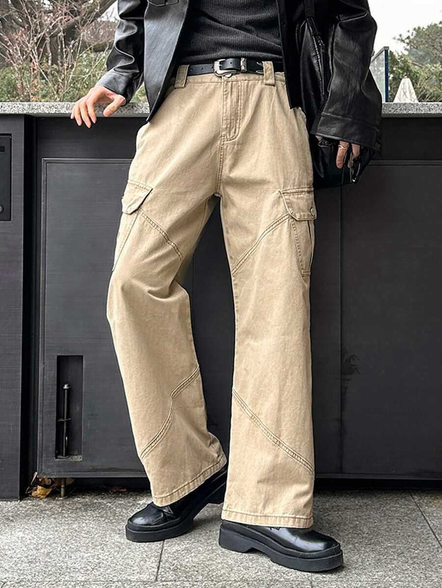 DAZY Celana Jeans Kargo Pria Model Lurus Warna Khaki Washed Distressed untuk Musim Semi/Gugur - Khaki - View 1