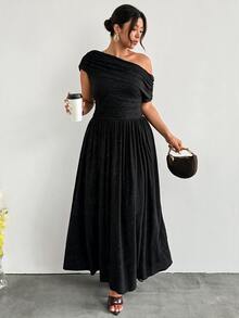 Firerie Plus Size Women's Elegant Solid Color Shimmer Fabric Dress, Asymmetrical Neckline Design To Highlight Graceful Curves; Suitable For Summer Weddings, Evening Parties, Cocktail Parties, Graduation Ceremonies And Other Formal Occasions. - Black - View 7
