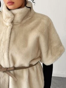 Cravure Plus Size Autumn/Winter Mid-Sleeve Cinched Waist Faux Fur Jacket - Apricot - View 5