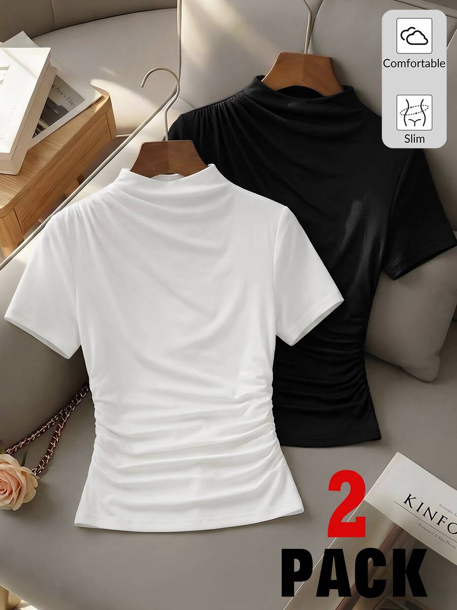 SHEIN 青少年女孩秋季 2 件裝基礎針織上衣,白色與黑色無袖高領羅紋修身 T-shirt,舒適柔軟層搭返校穿搭套裝 - 黑與白 - 查看 1