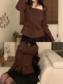 DAZY Women's Solid Color Square Neck Long Sleeve Single-Breasted Elegant Jacket - Brown - View 4