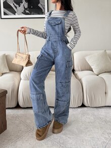 Rivivi Women's Button Design Cargo Pocket Wide Leg Casual Denim Overalls - Blue - View 4