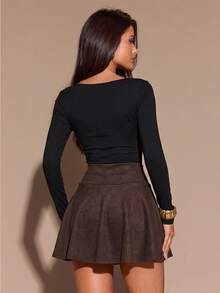 SHEIN BAE Women Solid Suede High Waist Flare Skirt - Brown - View 3