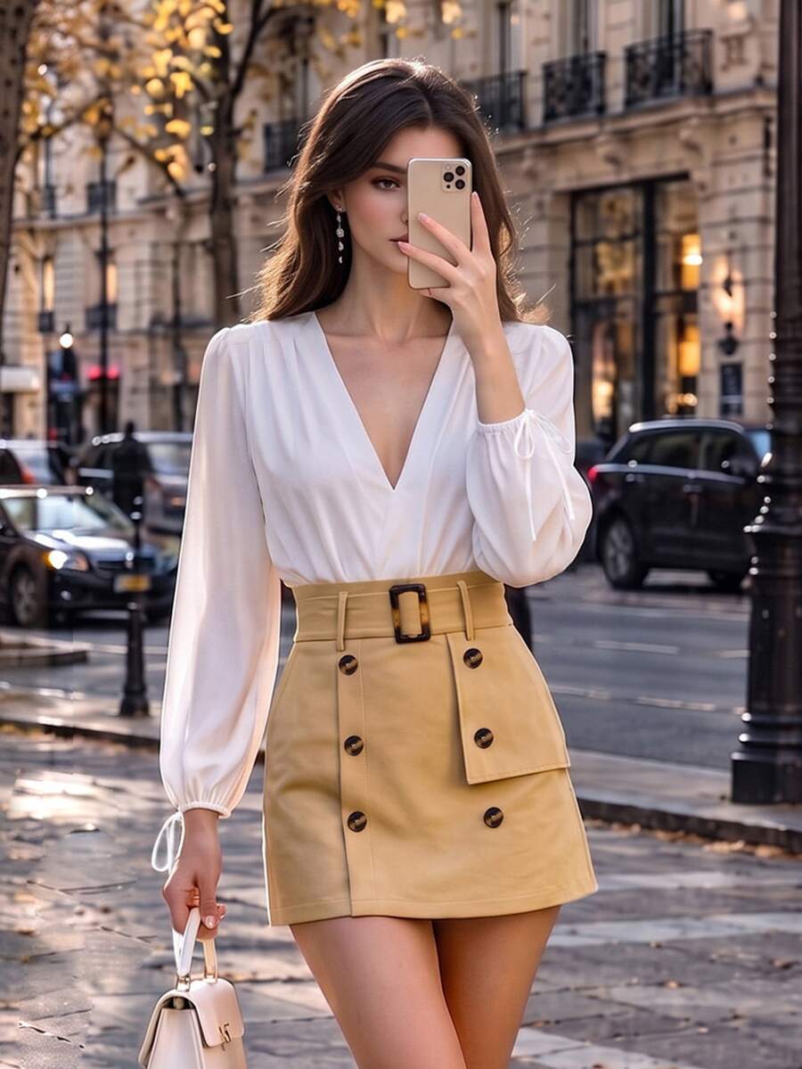 INAWLY طقم بلوزة بأكمام مربوطة & تنورة بحزام مشبك مزدوج الصدر من الأمام - كاكي - مشاهدة 1