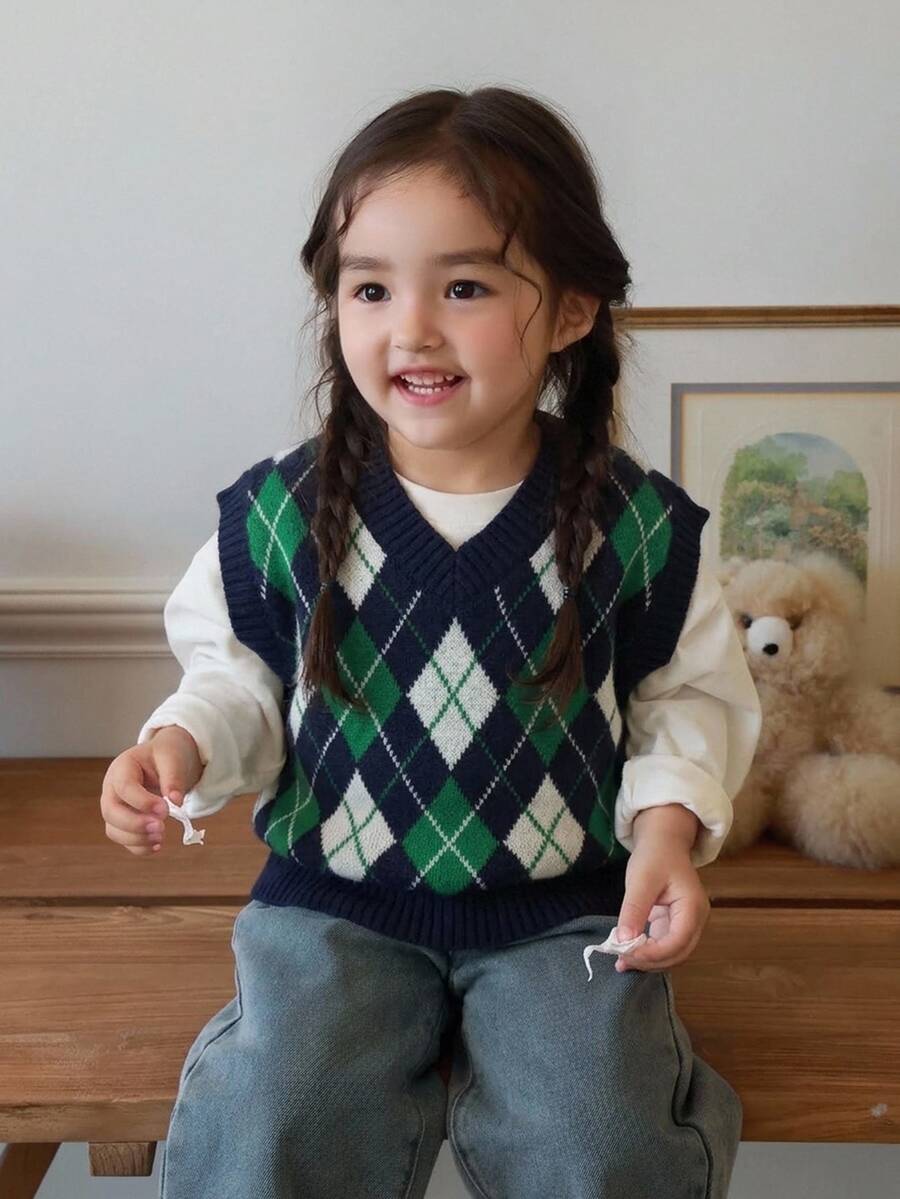 Dazy Kids 女嬰拼色菱格紋V領針織背心,秋冬季幼兒秋裝 - 綠色 - 查看 1