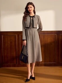 Vintamour Women's Plaid Pleated Dress And Cardigan Casual 2 Pieces Set - Brown - View 4