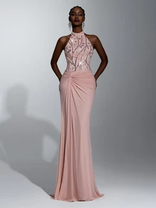 Elitara Elegant Dark Pink Sequin Patchwork Knit Stand Collar Backless Ruched Mermaid Skirt, Suitable For Wedding, Wedding Party, Vacation, Date, Party, Wedding Event, Formal Occasion, Evening Dress - Dusty Pink - View 7
