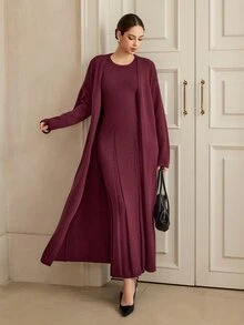 Graceveil Women's Solid Color Dress And Cardigan Casual Knit 2 Pieces Set - Burgundy - View 1