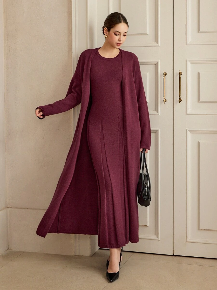 Graceveil Women's Solid Color Dress And Cardigan Casual Knit 2 Pieces Set - Burgundy - View 1