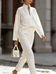 Balvessa Women's 2 Pieces Collar Shirt Long Pants Set, Office Chic, Elegant Business Outfit Fall - White - View 5