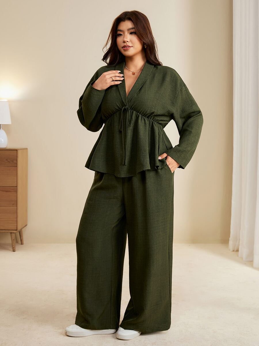 Edennvi Plus Size Women Solid Color V-Neck Pleated Long Sleeve Top And Pants Casual Daily 2 Pieces Set - Army Green - View 1