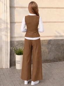 SHEIN Girls' Autumn/Spring Casual Fashion Simple V-Neck Sleeveless Belt Jacket Long-Sleeved White Shirt Loose Wide-Leg Straight-Leg Trousers Three-Piece Set - Brown - View 2