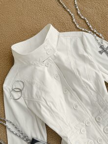 Attitoon Women's Solid Color Long Sleeve Button Front Casual Jacket - White - View 3