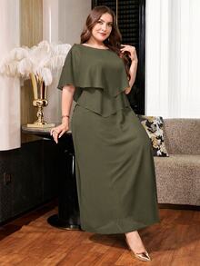 Reflora Plus Size Elegant Solid Color Party Dress - Army Green - View 5