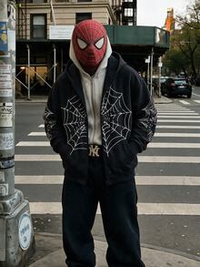 AKNOTIC Loose Men Spider Web Print Zip Up Hoodie Without Tee - Black - View 3