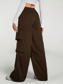 SHEIN Tall 黑色街頭風工裝口袋降落傘長褲，適合高個女性 - 咖啡棕 - 查看 2