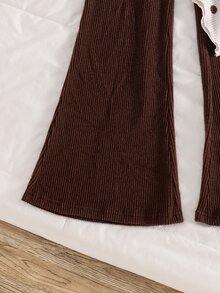 SHEIN Tween女孩套裝，Driven不對稱高領卡其色長袖T恤上衣搭配長褲，秋季返校女童服飾 - 彩色 - 查看 8