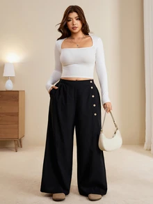 Edennvi Plus Size Women's Solid Color Button Design Pocket Wide Leg Pants - Black - View 7