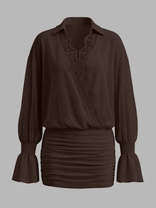 Cévolie Fashionable Elegant Lace Patchwork Cross Neckline Drop Shoulder Petal Sleeve Long Sleeve Ruffle Semi-Sheer Bodycon Mini Dress For Women - Brown - View 4