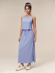 OutZeal Women Sports Jumpsuit Casual Daily Studio Bra-In Drawstring Waist Faux-Layered Dress Summer Spring - Mauve Purple - View 5