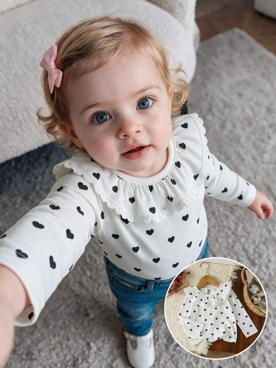SHEIN Toddler Girl Ribbed Knit Top Sweet Elegant White Black Heart Lace Ruffle Long Sleeve Round Neck Regular Birthday Spring Holiday Princess Ballet Ribbed - Black and White - View 1