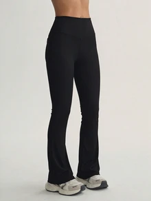SHEIN Flare Leggings Women High Waist Ribbed Workout Pants Stretchy Yoga Fitness Trousers For Gym Pilates - Black - View 5