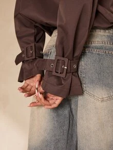 Glamine Double Breasted Raglan Sleeve Trench Coat - Brown - View 5