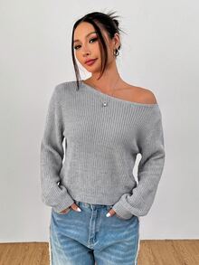 SHEIN PETITE 白色女款長袖套頭毛衣，可披肩穿著，適合秋冬，適合嬌小女性 - 灰色 - 查看 3