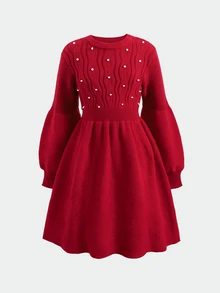 SHEIN Tween Girl 秋冬優雅可愛紅色3D針織套頭洋裝，適合日常穿著、秋冬外出、聖誕紅色洋裝 - 紅色 - 查看 2