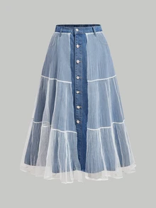 SHEIN MOD 大尺碼女款網格拼接休閒百搭日常牛仔裙 - 藍色 - 查看 1