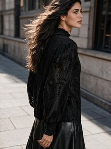 Anewsta Autumn/Winter Fashion Velvet Burnout Patchwork Shirred Stand Collar Petal Sleeve Pullover Top - Black - View 2