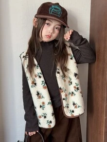 Dazy Kids Tween女孩無袖背心上衣 厚款秋冬碎花外套 - 杏色 - 查看 6