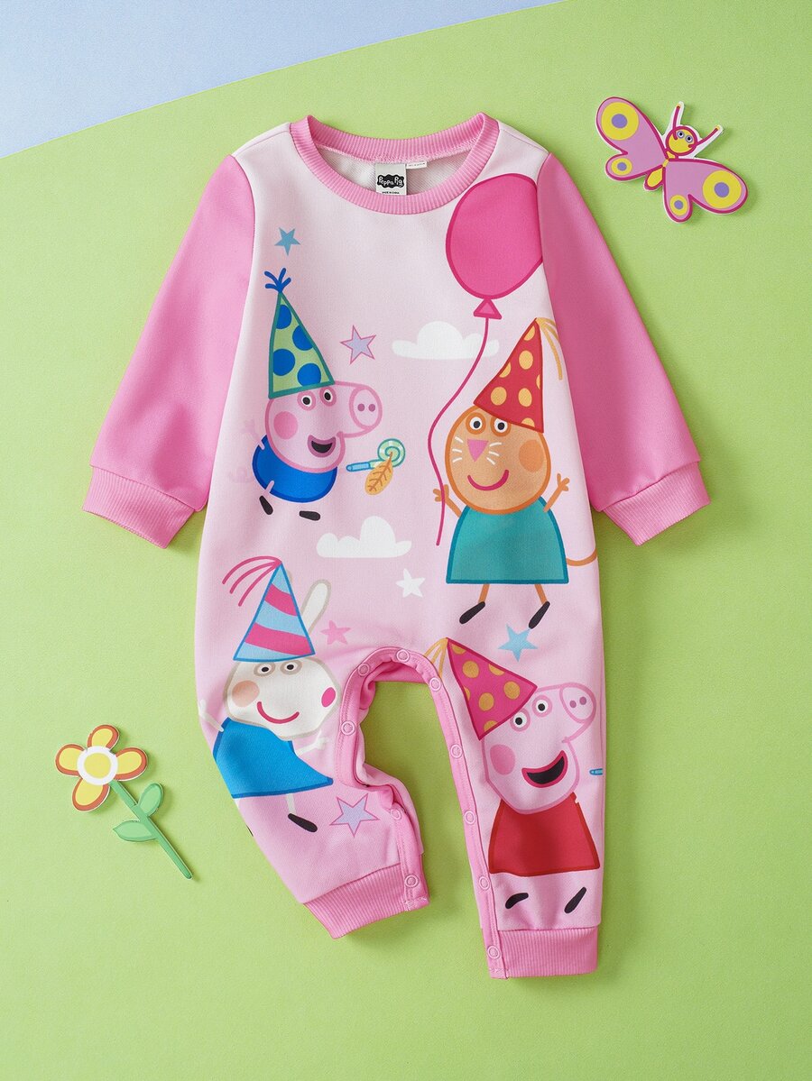 Peppa Pig X SHEIN Baby Girl Round Neck Long Sleeve Cute Jumpsuit Peppa Pig - Pink - View 1
