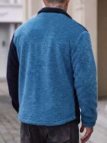 Manfinity Homme 男士純色對比飾邊鈕扣前襟口袋毛茸茸長袖休閒夾克，高領男士，男士，法蘭絨法蘭絨，冬季 - 藏蓝色 - 查看 2