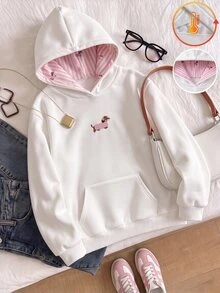 SHEIN Sparklyn 青少年女孩白色連帽衛衣，寬鬆舒適極簡百搭日常穿著校園穿搭，中厚度保暖內裡加厚磨毛面料，秋冬款 1 件 - 白色 - 查看 3