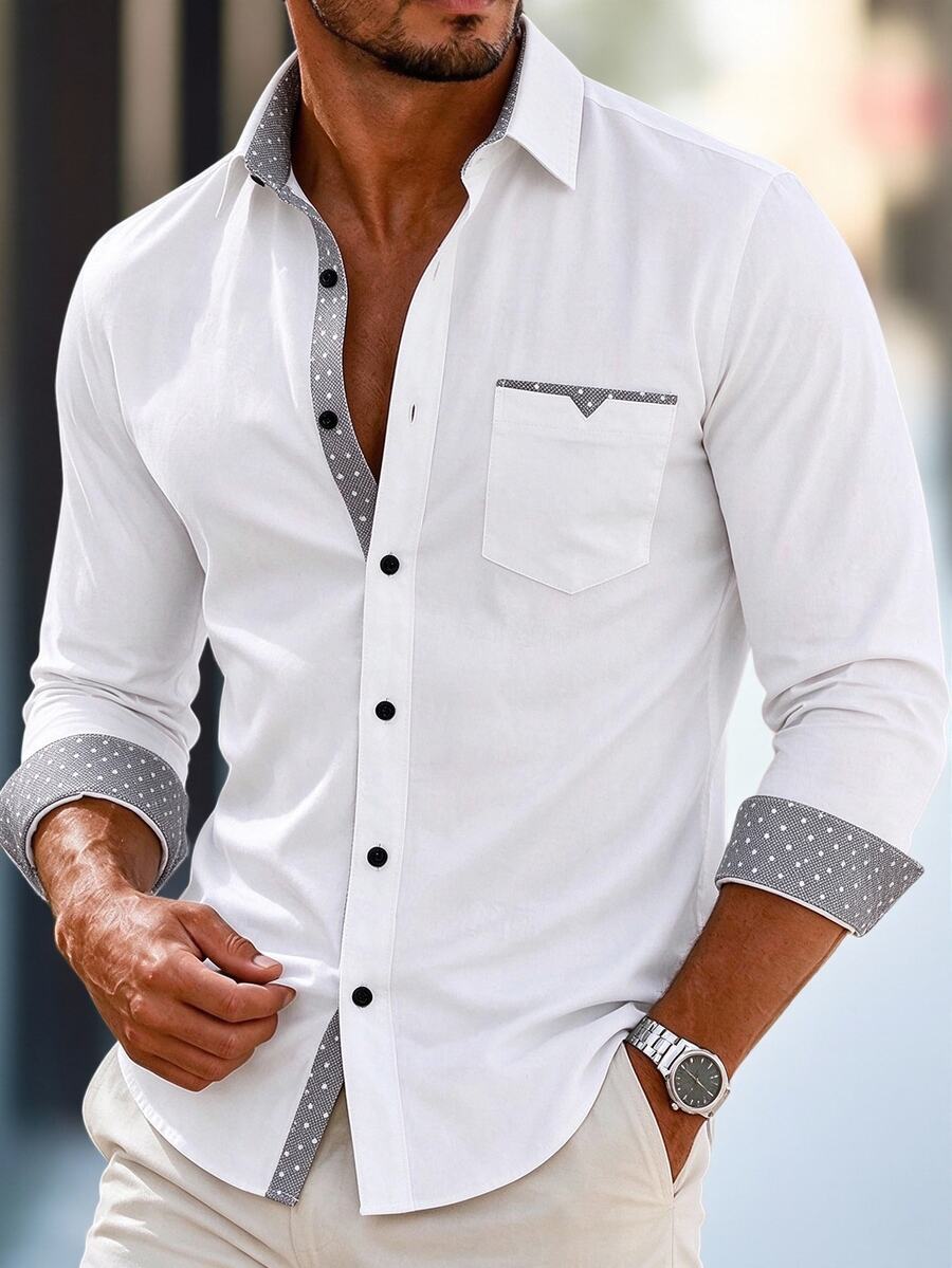 Manfinity Mode Men Polka Dot Contrast Trim Pocket Patched Shirt - White - View 1