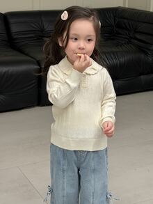 Dazy Kids Sweater Kasual Lengan Panjang Warna Polos untuk Bayi/Balita (Perempuan) dengan Kerah, Musim Gugur/Dingin - Putih - View 3