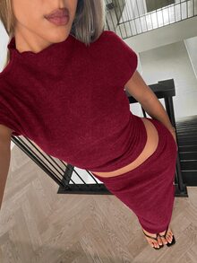 Siren Gaze 2件組女款純色立領短袖上衣與A字迷你裙，休閒優雅極簡基本款，酒紅/波爾多紅，適合聖誕早午餐與晚餐 - 酒紅色 - 查看 7