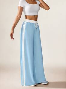 FavEase Drawstring Waist Contrast Side Seam Wide Leg Sports Pants - Blue - View 3