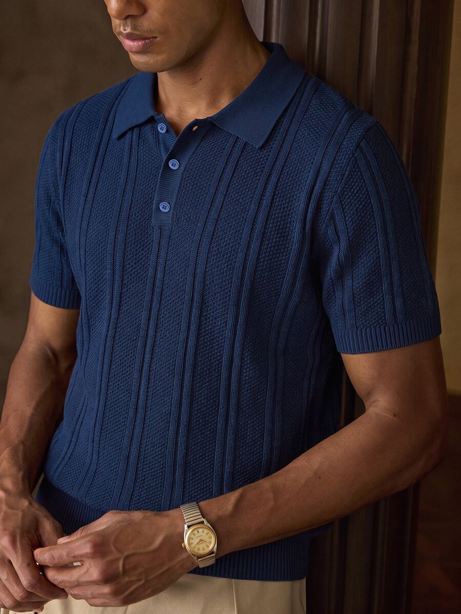 AKNOTIC Men's Solid Color Polo Collar Short Sleeve Casual Knit Top Halloween Christmas Winter Party Autumn - Royal Blue - View 1