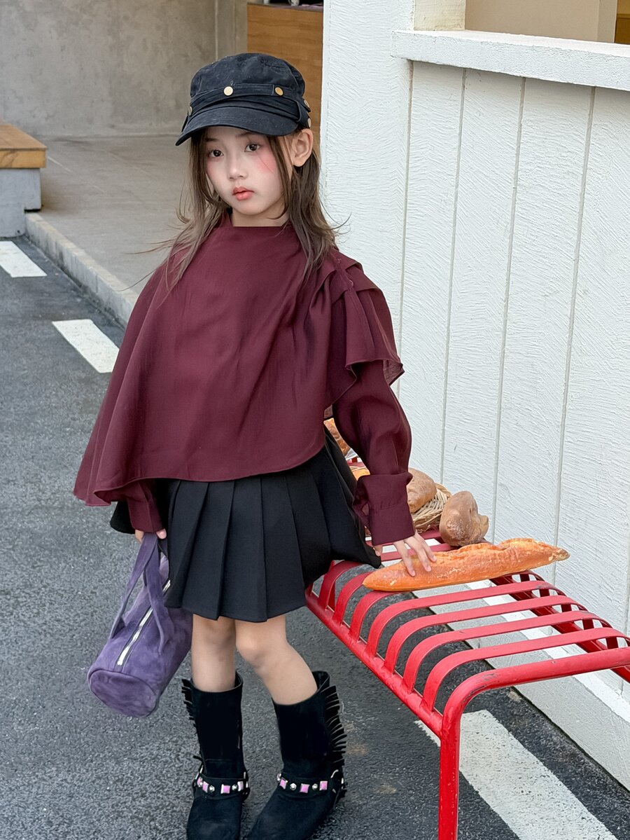 DAZY Tween Girl) Design Asymmetric Spring Long Sleeve Middle East Patchwork Shirt - Burgundy - View 1