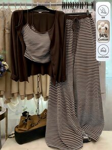 GlowEve CURVE Plus Size Solid Color Knit Cardigan, Front Button Closure, Striped Fitted Drawstring Decor, Elegant Casual Commute Daily Wear Pants Fall - Mocha Brown - View 1