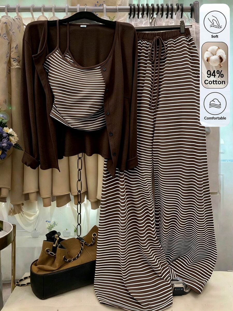 GlowEve CURVE Plus Size Solid Color Knit Cardigan, Front Button Closure, Striped Fitted Drawstring Decor, Elegant Casual Commute Daily Wear Pants Fall - Mocha Brown - View 1